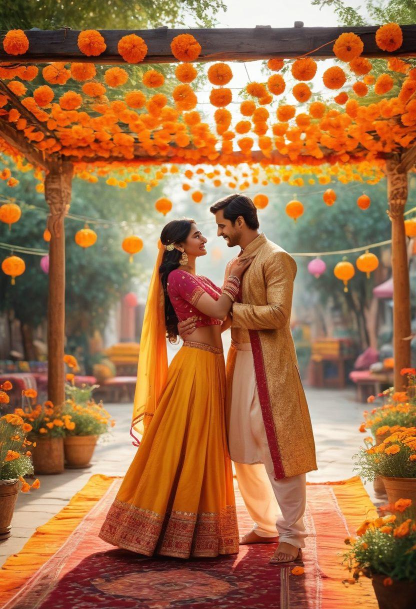 A warm and inviting scene depicting a couple dressed in traditional Indian attire, engaging in a dance under a canopy of marigold flowers. The background showcases a vibrant marketplace with colorful textiles and lanterns, symbolizing rich Indian culture. Subtle motifs of love and partnership, like intertwined hands and heart shapes, are woven into the scene. The lighting is soft and golden, evoking a romantic atmosphere. super-realistic. vibrant colors. 3D.