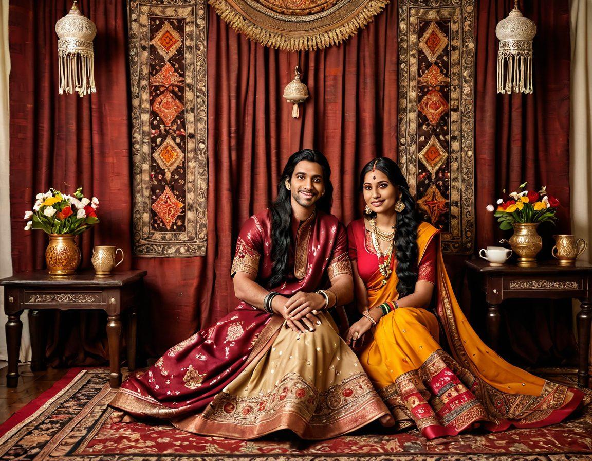 A warm scene depicting a couple of South Asian descent sitting close together, surrounded by traditional decorations and cultural symbols. The background features colorful fabric drapes and intricate patterns, symbolizing the richness of Desi culture. Soft, ambient lighting enhances the feelings of intimacy and connection between them. Elements like a cup of chai and a blooming flower add a cozy touch. vibrant colors. super-realistic. cultural details.