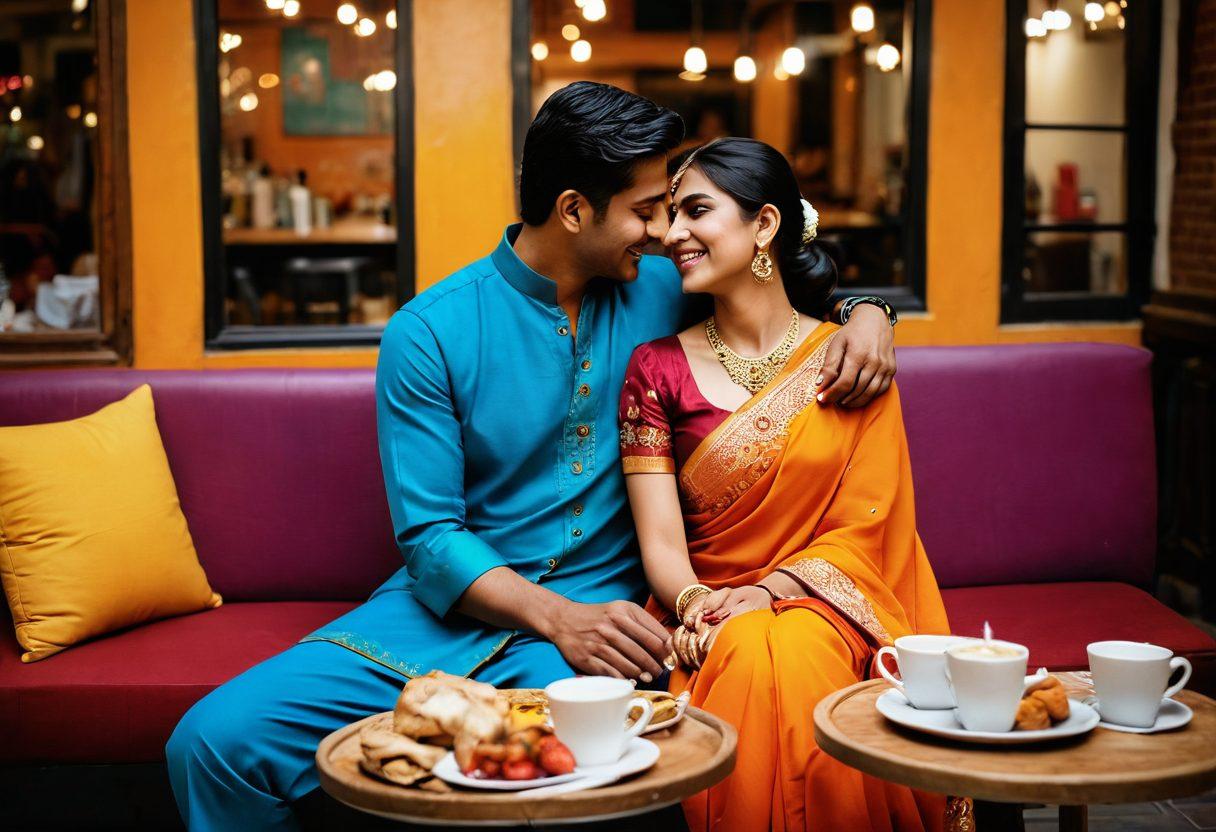 A vibrant scene illustrating a diverse group of South Asian couples in various stages of relationships, blending traditional and modern elements. Include intimate moments like casual hand-holding, sharing laughter, and deep conversation in a cozy café setting, surrounded by rich cultural décor. Showcase a fusion of traditional attire and contemporary clothing styles, emphasizing love and connection. Bright colors enhance the scene, capturing the warmth and depth of intimacy. super-realistic. vibrant colors. 3D.